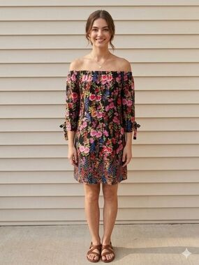Vince Camuto Black Floral One-Shoulder Shift Dress with Pink Blooms